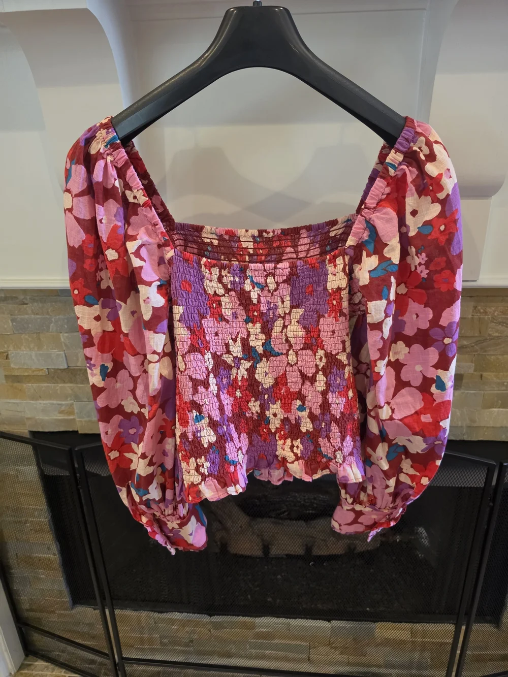 Free People Smocked Floral Square-Neck Top in Pink and Purple